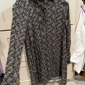 Zara Black Floral Button-Down Blouse with Orange and Cream Accents